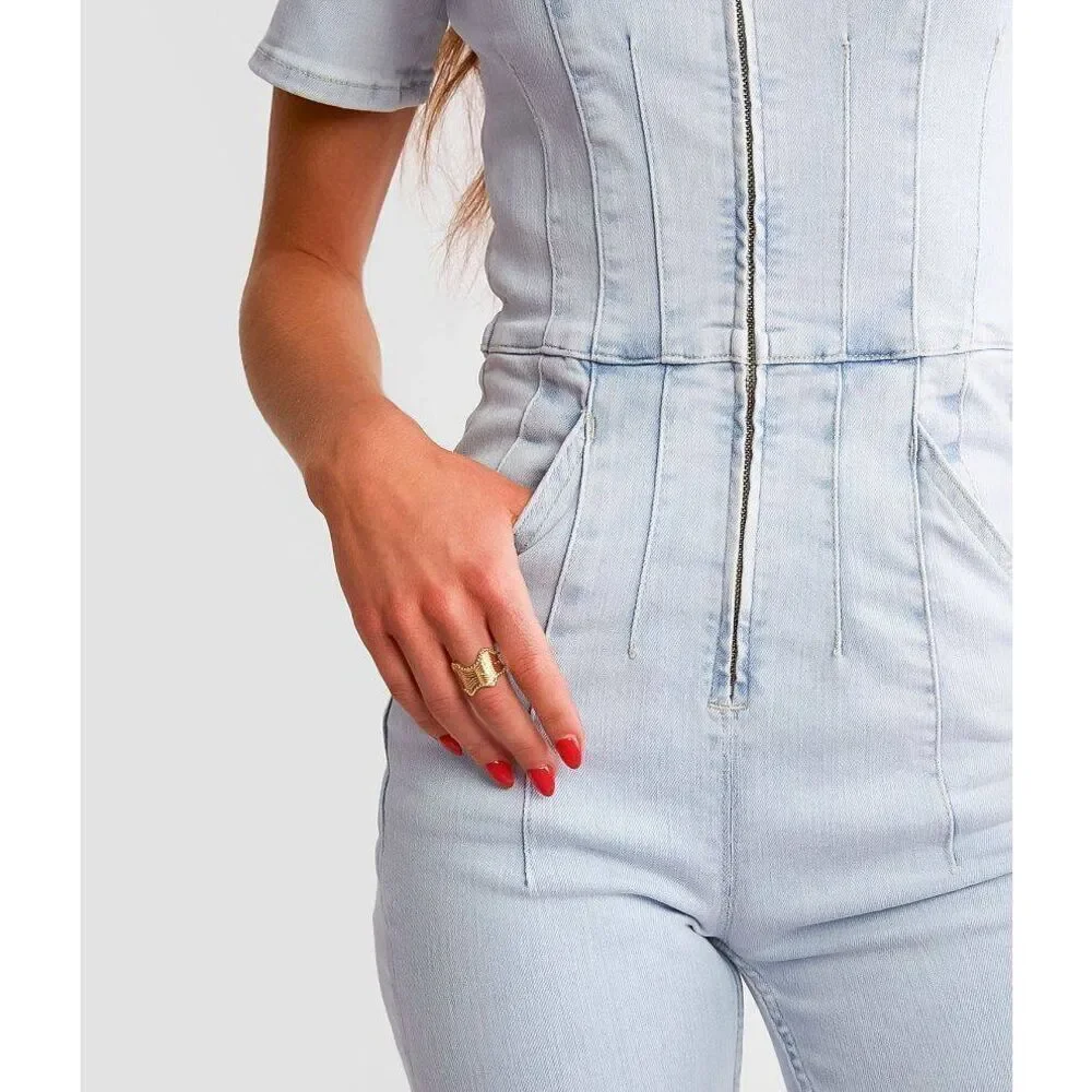 Free People Jayde Denim Flared Jumpsuit in Whimsy